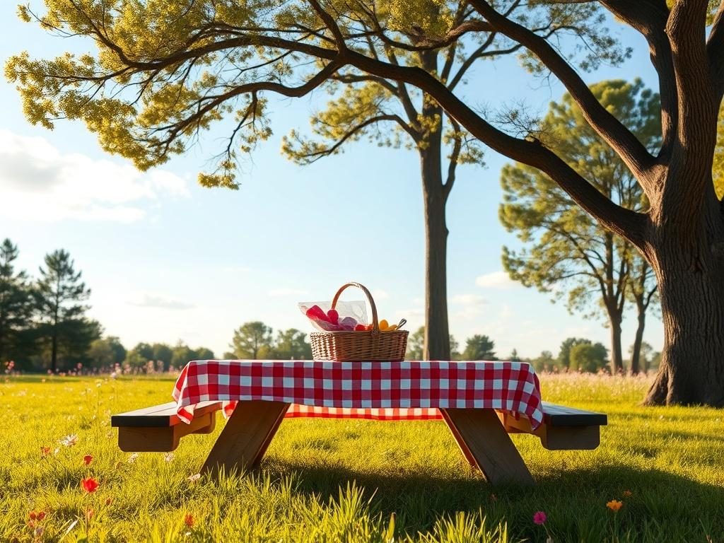 A serene picnic table set in a bright, sunny park. The table is adorned with a red and white checkered tablecloth, surrounded by lush green grass and vibrant wildflowers. In the background, tall trees provide shade, and a clear blue sky with gentle clouds creates a peaceful atmosphere. A picnic basket filled with fresh fruits and snacks sits on the table, inviting families to gather and enjoy a delightful meal. Soft, golden lighting enhances the cozy feel of the scene.