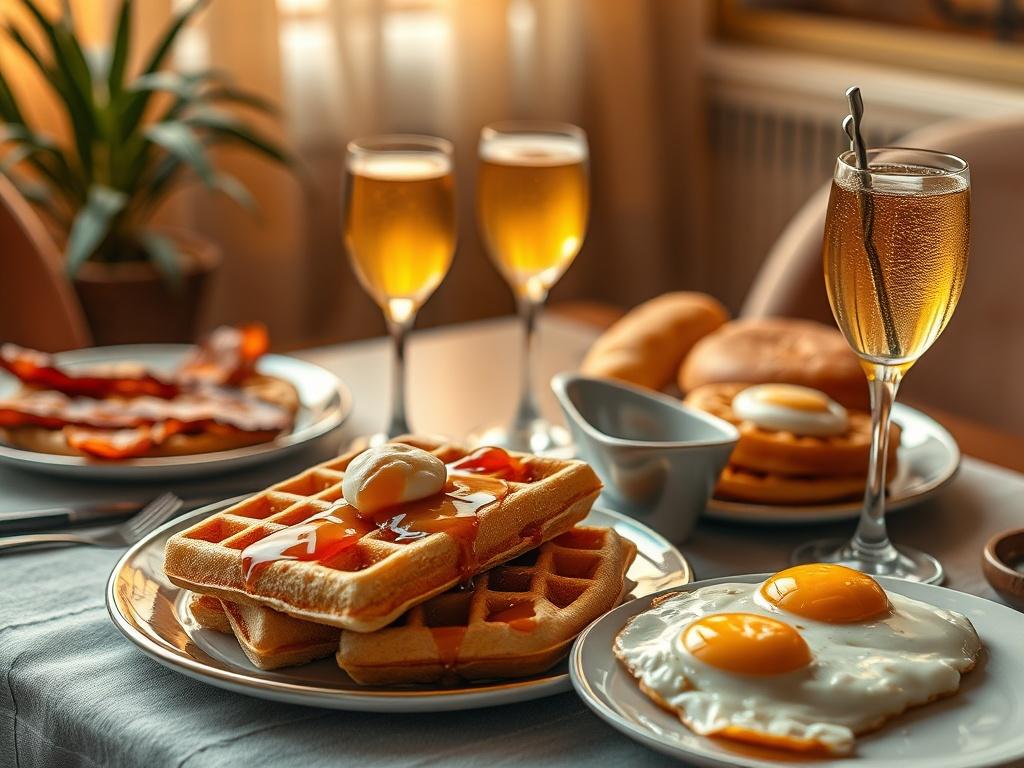A cozy brunch setting featuring a table laden with delicious food. The table has crispy bacon, fluffy waffles with syrup, perfectly scrambled eggs, and refreshing mimosas in elegant glasses. The background is softly lit with warm golden hues, creating a serene and inviting atmosphere. The focus is on the food, highlighting the vibrant colors and textures of the brunch spread.