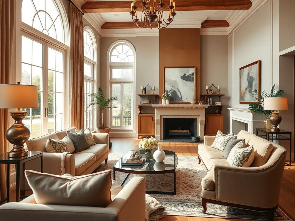 A hyper-realistic, high-resolution close-up shot of a beautifully staged living room in a residential property. The focus should be on the inviting atmosphere, showcasing elegant furniture, tasteful decor, and natural light streaming in through large windows. The background should be softly blurred to emphasize the details in the foreground, with a color palette that harmonizes with the primary color rgb(50, 170, 39). The image should evoke a sense of warmth and home, appealing to potential buyers.