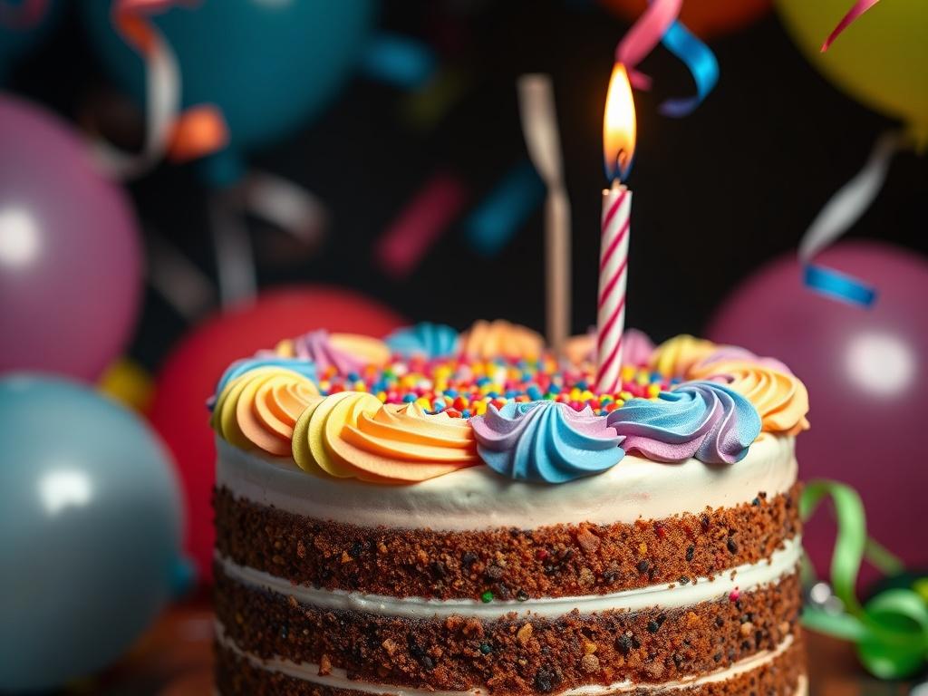 A close-up shot of a beautifully decorated birthday cake with colorful frosting, surrounded by festive decorations like balloons and confetti. The background is softly blurred to emphasize the cake, capturing the joy and celebration of a birthday party. The image should be shot with a 45mm f/1.2 lens style to create a hyper-realistic look, highlighting the vibrant colors and textures of the cake and decorations.