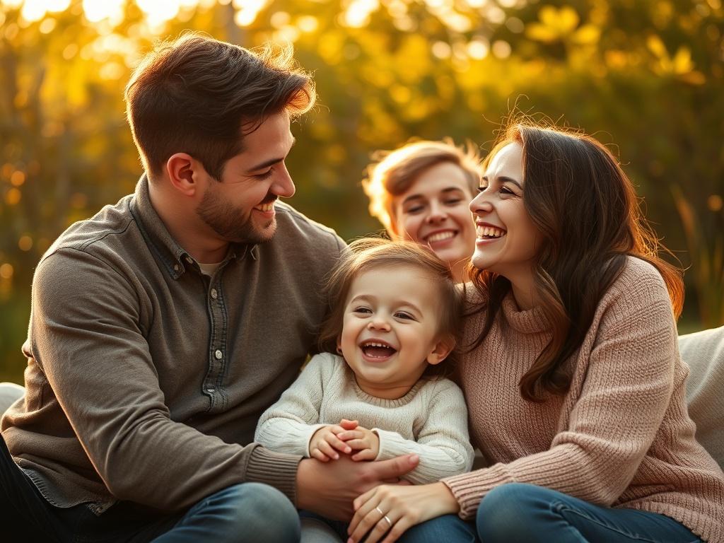 A warm family portrait in a cozy setting, featuring a
