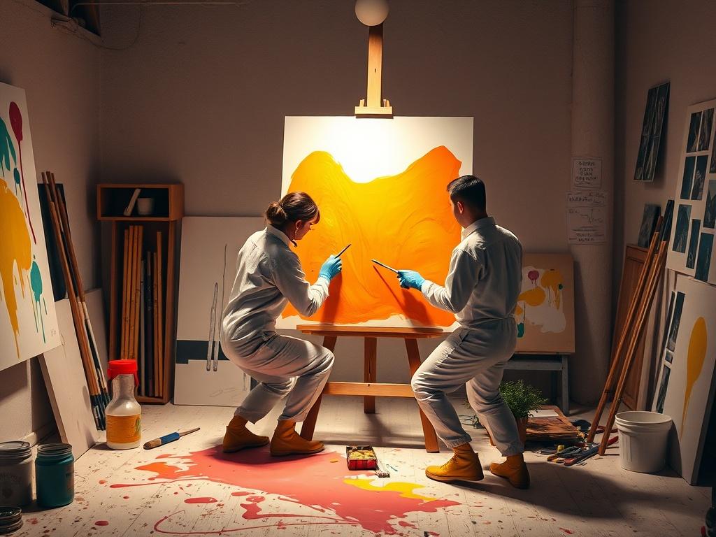 An intimate art studio scene where a couple is focused on painting on a large canvas. They are surrounded by various painting tools and vibrant colors, wearing protective suits and gloves. The room has an artistic vibe, with splatters of paint on the floor and walls, and a warm, inviting ambiance. Highlight their concentration and creativity as they create their masterpiece together.