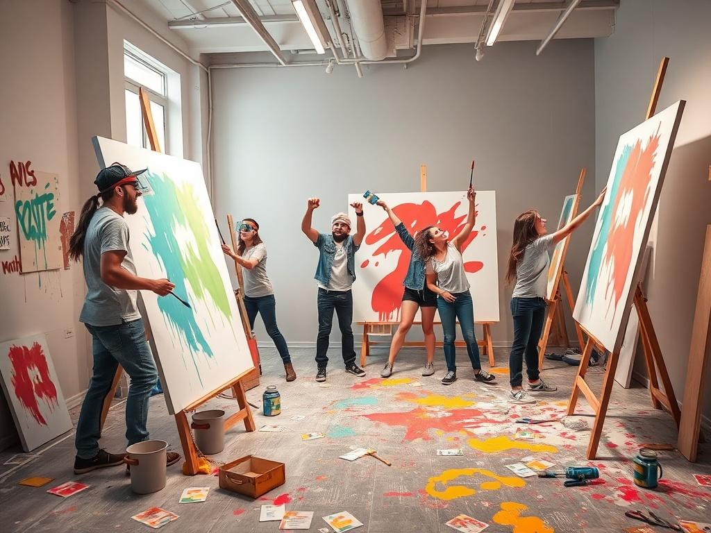 A dynamic scene in an art studio, showcasing friends joyfully painting on large canvases while wearing protective gear. The atmosphere is lively and colorful, with splashes of paint on the floor and walls. Various painting tools like paint blasters and prompt cards are scattered around. Capture the excitement and energy of the group as they immerse themselves in the artistic experience.
