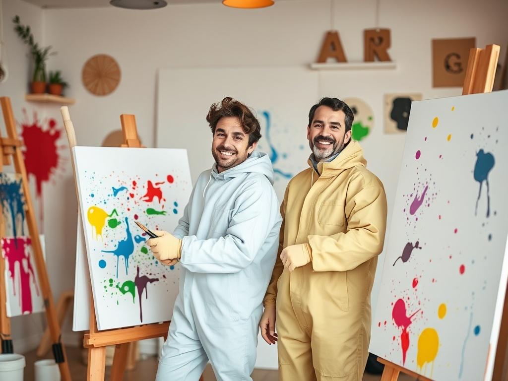 A couple in a playful art studio setting, both wearing protective suits, smiling as they paint on large canvases. The room is filled with colorful paint splatters and various painting tools like brushes and splatter sticks. The background features a cozy, inviting atmosphere with soft lighting and creative decor. Focus on the joy and creativity of the couple as they engage in the painting experience.