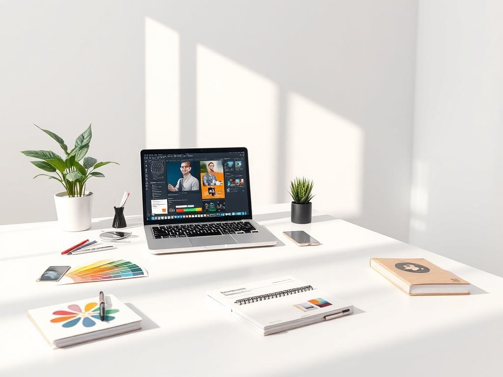 A minimalist workspace featuring a sleek desk with a high-resolution laptop open to a design software, surrounded by color swatches and a sketchbook. The background is a soft white with clean lines and ample negative space, emphasizing the focus on creativity. A warm, natural light filters in from a nearby window, creating an inviting atmosphere for creative direction.