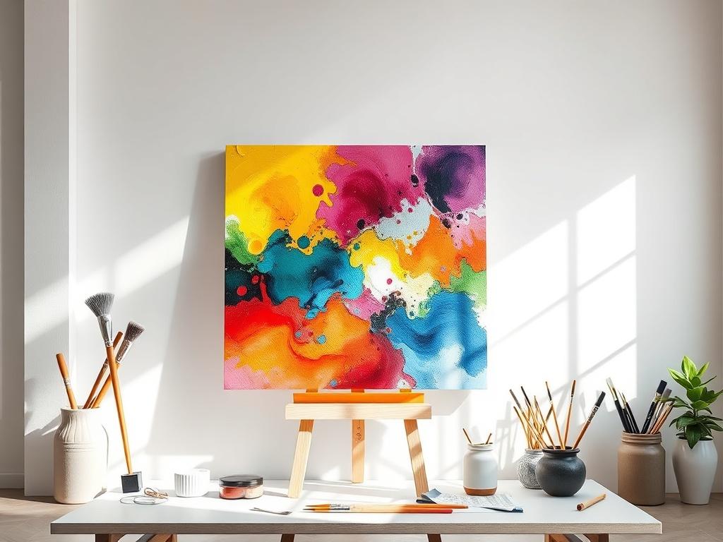 A vibrant and meticulously crafted piece of artwork displayed in an art studio setting. The backdrop features clean white walls and natural light streaming in, illuminating the artwork's colors and textures. The composition includes various art supplies like brushes and paints, emphasizing the art production process in a minimalistic yet engaging manner.