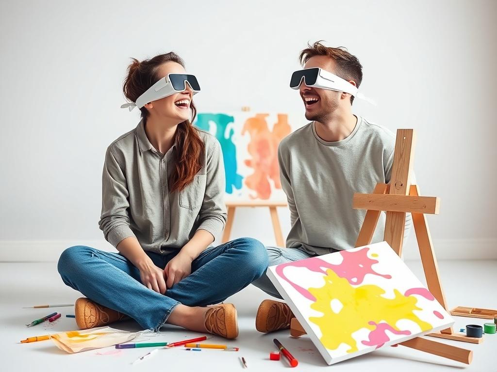 A high-resolution image depicting a couple engaged in a playful painting challenge, wearing blindfolds and laughing, with colorful canvases and painting tools scattered around them, all set in a bright and clean environment.
