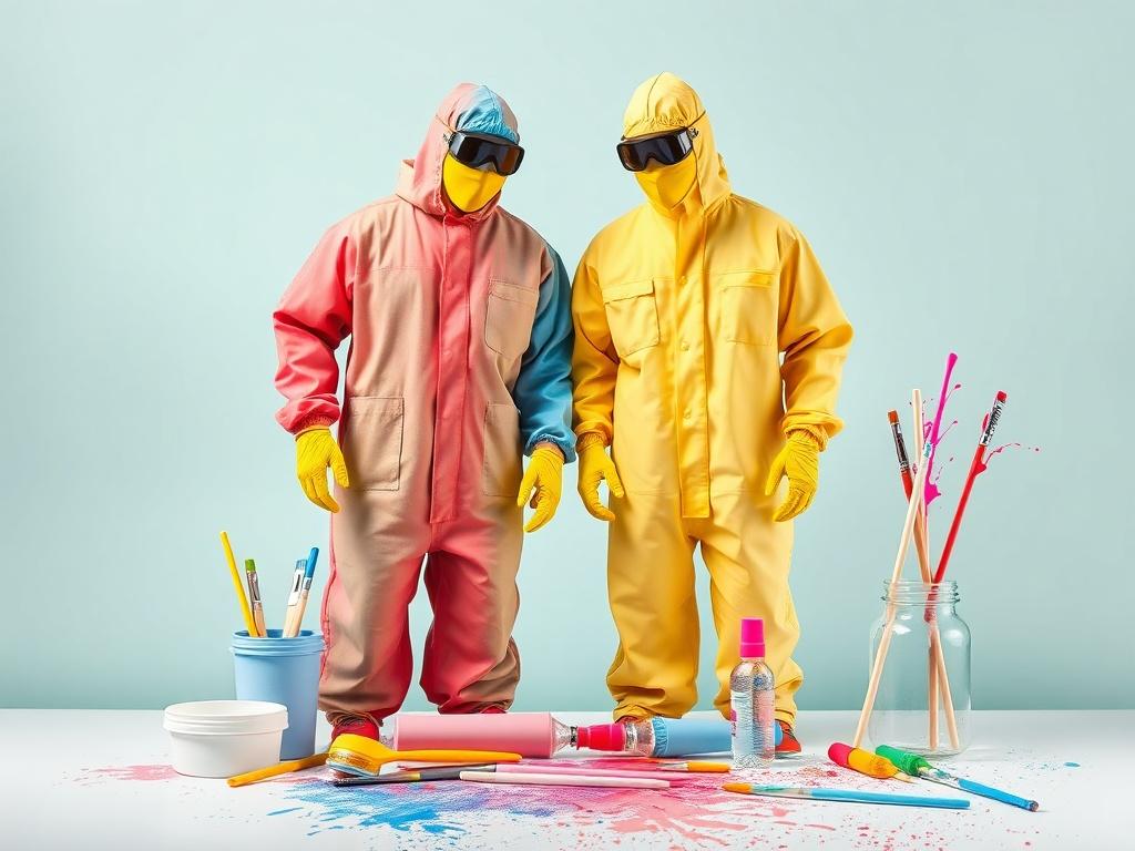 A high-resolution image of a colorful paint party kit, including two protective suits, gloves, and an array of painting tools like brushes and splatter sticks, set against a minimalistic background with bright colors and a clean design.