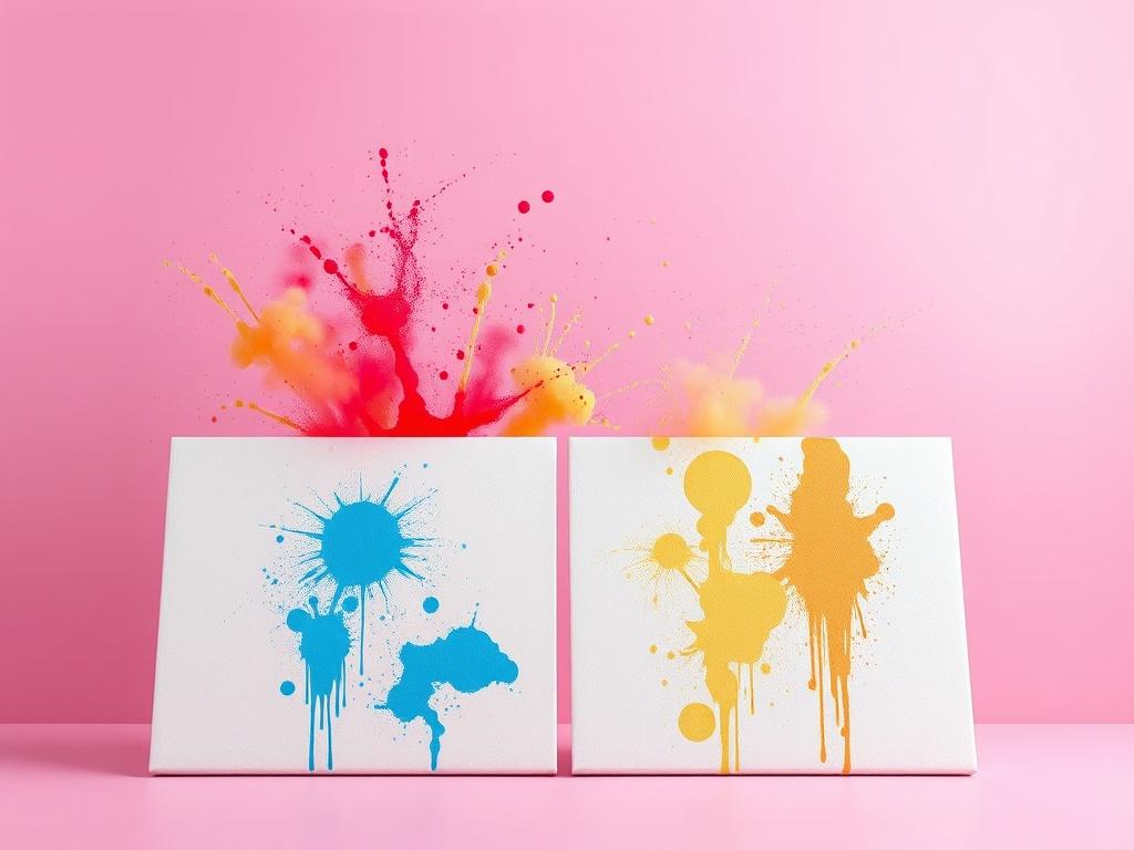 A high-resolution image capturing the excitement of a paint blaster experience, showcasing colorful paint splatters in mid-air, with two canvases in the foreground and a clean, vibrant background.