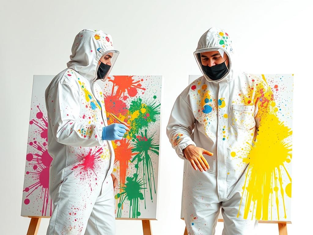 A high-resolution image of two adults in full protective suits, covered in colorful splatters, joyfully painting on large canvases. The scene showcases the vibrant colors of the paint, emphasizing the playful and messy nature of the experience. The background is minimalistic and clean, highlighting the two figures as they engage in their artistic creation.