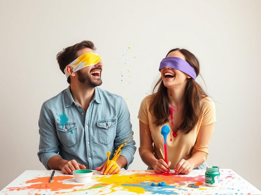 A high-resolution image of two adults, one blindfolded, engaged in a fun painting challenge. The scene captures their laughter and the vibrant splashes of paint around them. The background is minimalistic, ensuring the focus is on the couple's interaction and the colorful mess created during their challenge.
