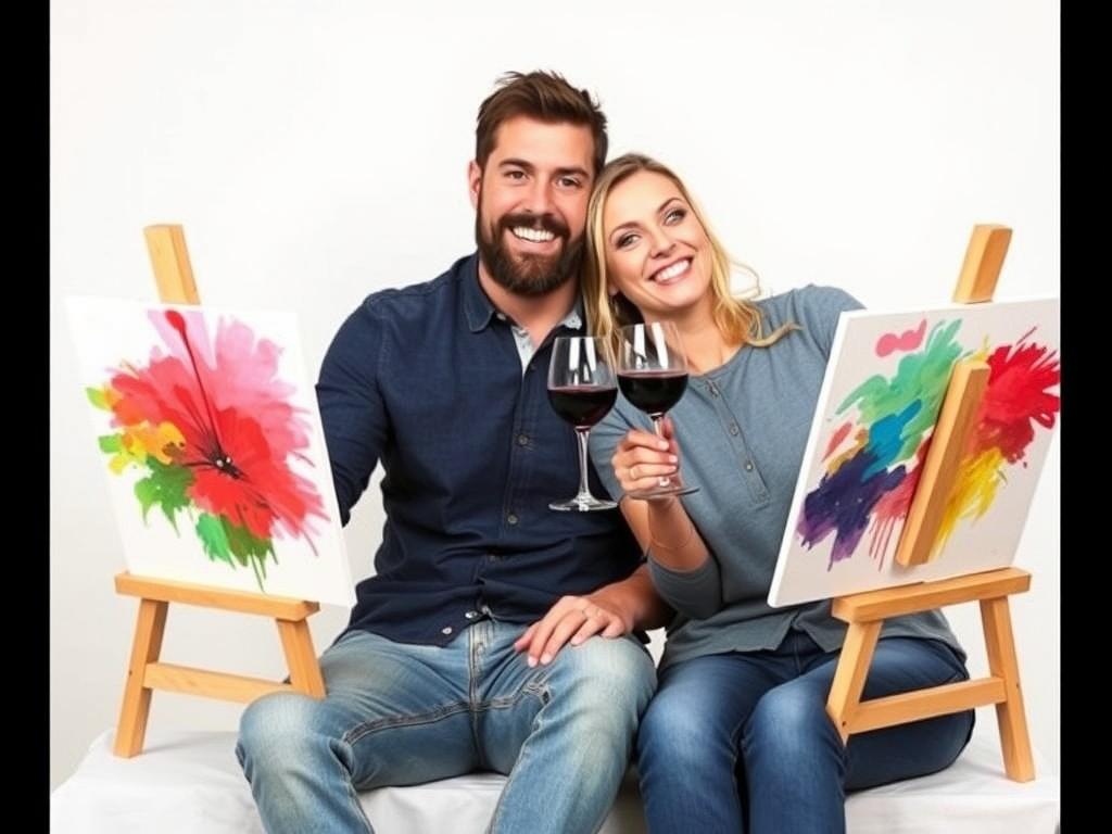 A high-resolution image of a couple enjoying a paint and sip evening, each holding a glass of wine and painting on their canvases. The focus is on their joyful expressions and the colorful paint on the canvases. The background is simple and clean, keeping attention on the couple and their artistic interaction.