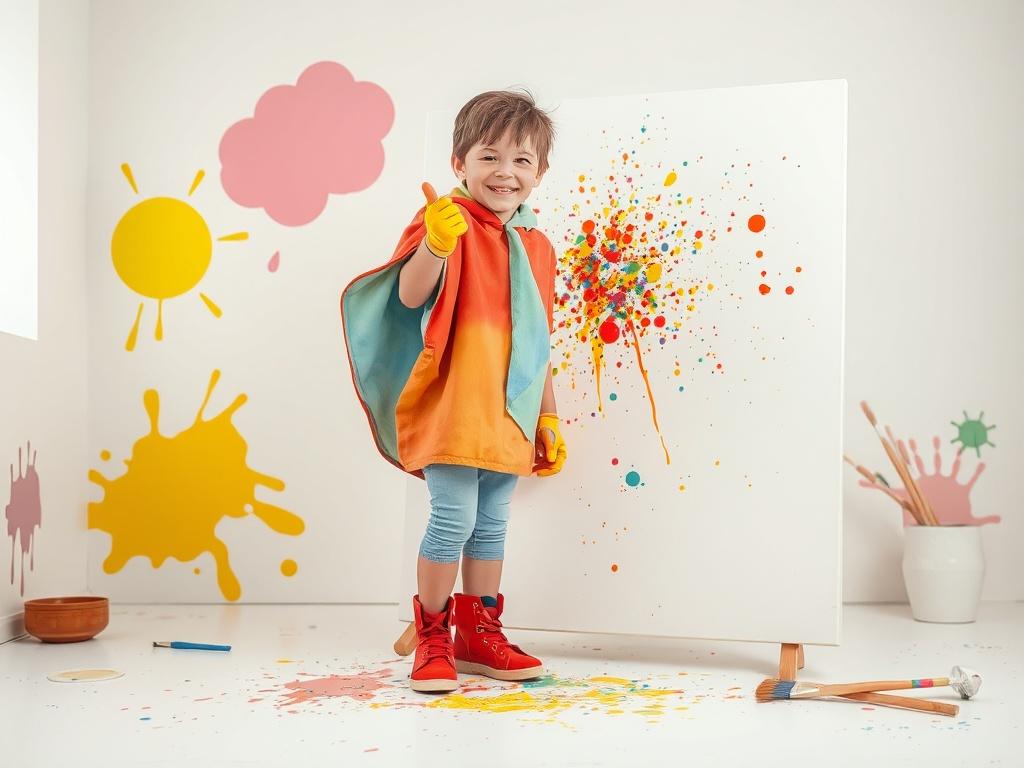A young artist in a colorful poncho, shoes, and gloves, joyfully splattering paint on a large canvas in a bright, fun studio. The background features splashes of vibrant colors and playful tools like paint brushes and splatter sticks scattered around. The focus is on the artist's excited expression as they create their masterpiece, with a clean and minimalistic style that highlights the action and creativity.