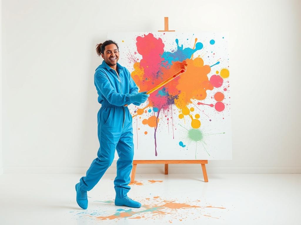 Generate a realistic high-resolution photo that captures the essence of creative exploration at "The Paint Patch." The composition should be simple and centered around a single subject: a person in full protective paint gear, including a vibrant blue protective suit, gloves, and shoe covers, engaging joyfully with a paint splatter stick. The subject, a young adult of diverse ethnicity, should be depicted mid-action, splattering bright and bold colors onto a large canvas.

The background should be a well-lit