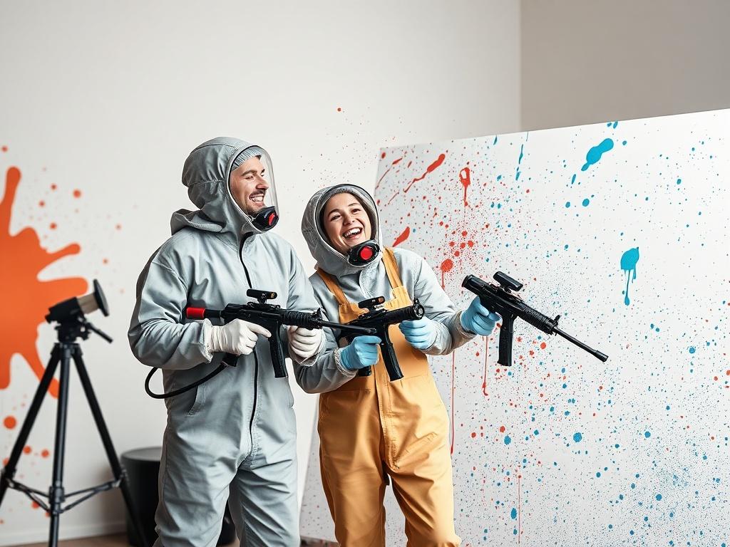 A high-resolution photo of a couple in full protective suits, joyfully splattering paint on a large canvas. The background features a minimalistic art studio with splashes of vibrant colors. The focus is on the couple laughing and enjoying their creative process, surrounded by paint blasters and tools. The color scheme complements the rgb(243, 153, 62) primary color, creating a lively and fun atmosphere.
