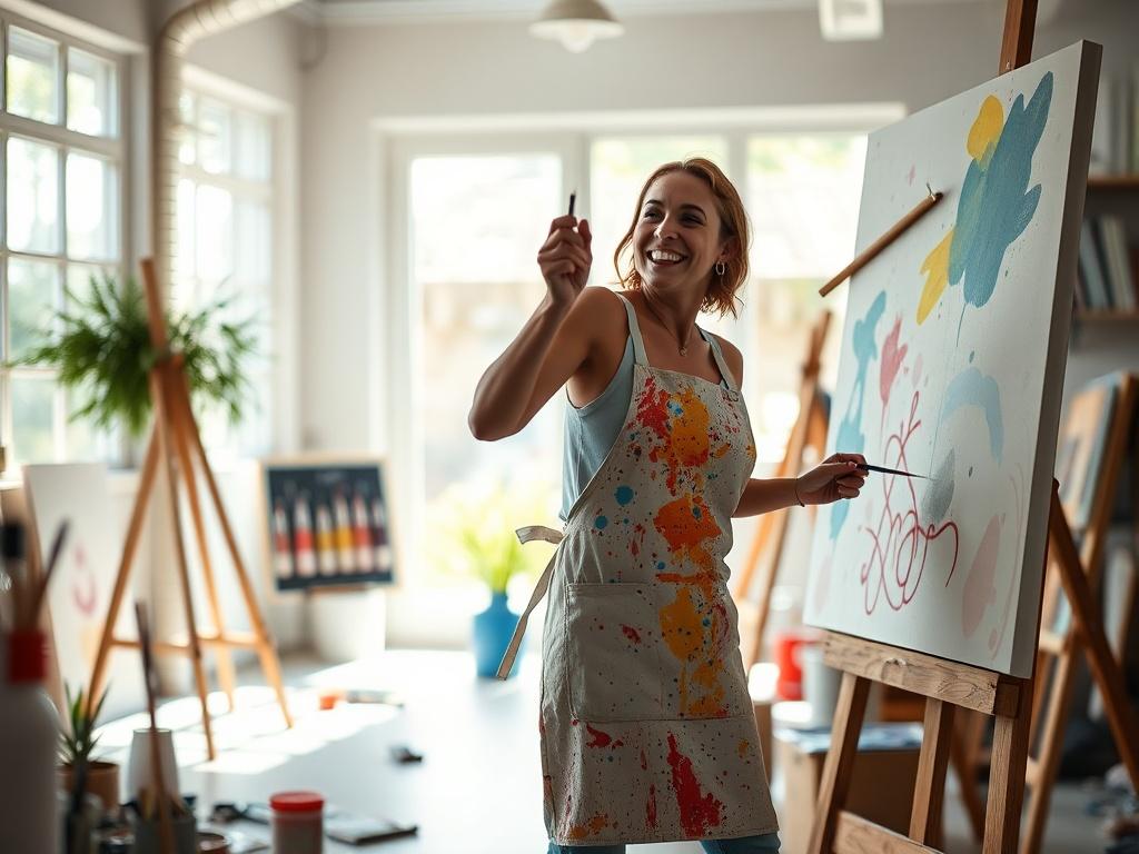 **Prompt for AI Image Generator:**

Create a realistic high-resolution photo that embodies the theme "Unleash Your Inner Artist." The composition should feature a single, joyful artist passionately engaged in the act of painting on a large canvas. The artist, a woman in her mid-30s, should be captured mid-stroke, with paintbrush in hand, wearing a vibrant apron splattered with colorful paint.

The background should be softly blurred to create a sense of depth, showcasing a bright, inviting studio filled wit