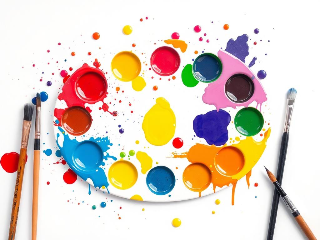 A high-resolution photo featuring a vibrant, colorful paint palette with splatters of paint around it. The palette should be the main focus, surrounded by paint brushes and tools like splatter sticks, on a simple white background to create a clean, minimalistic look.