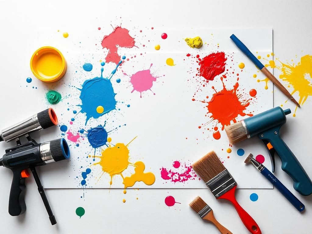 A high-resolution photo featuring vibrant splashes of paint on a white canvas, surrounded by various paint tools like brushes and blasters. The composition should focus on the colorful paint and tools, with a clean, minimalistic background.