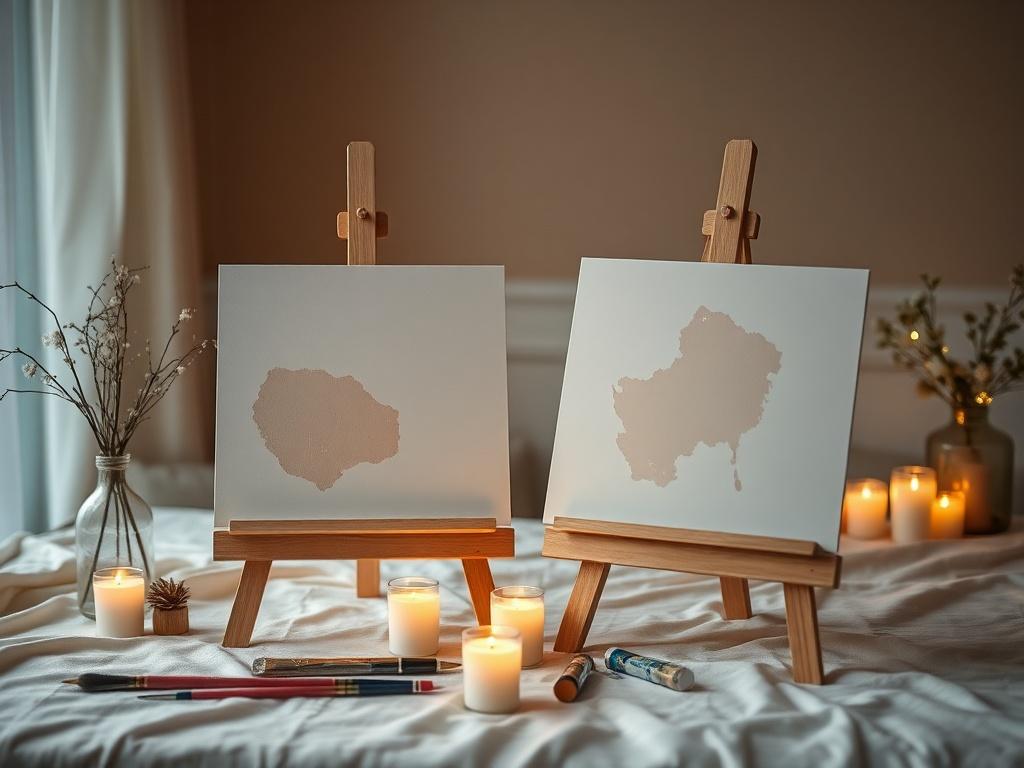 A high-resolution photo showcasing a romantic setup for a paint night, featuring two easels with half-finished paintings, romantic lighting, and paint supplies scattered around. The background should be softly blurred to focus on the easels.