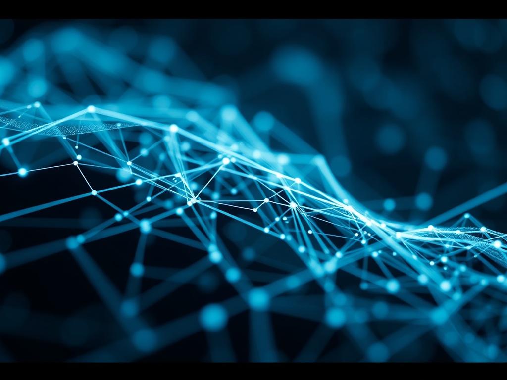 A close-up shot of an abstract and elegant representation of artificial intelligence and automation, featuring intricate data patterns and elegant lines, shot with a 45mm f/1.2 lens.