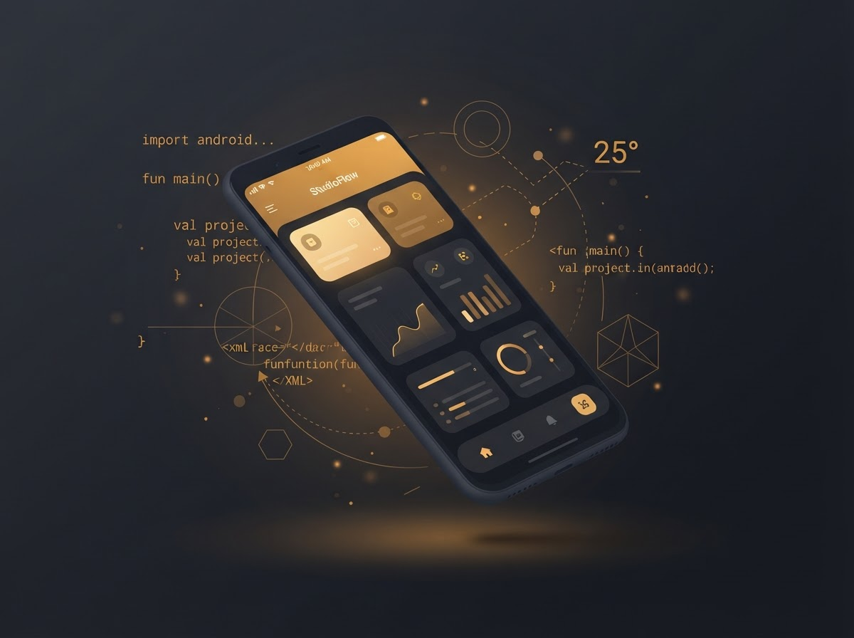 Illustration of a smartphone with an amber-toned app interface surrounded by code and wireframe elements