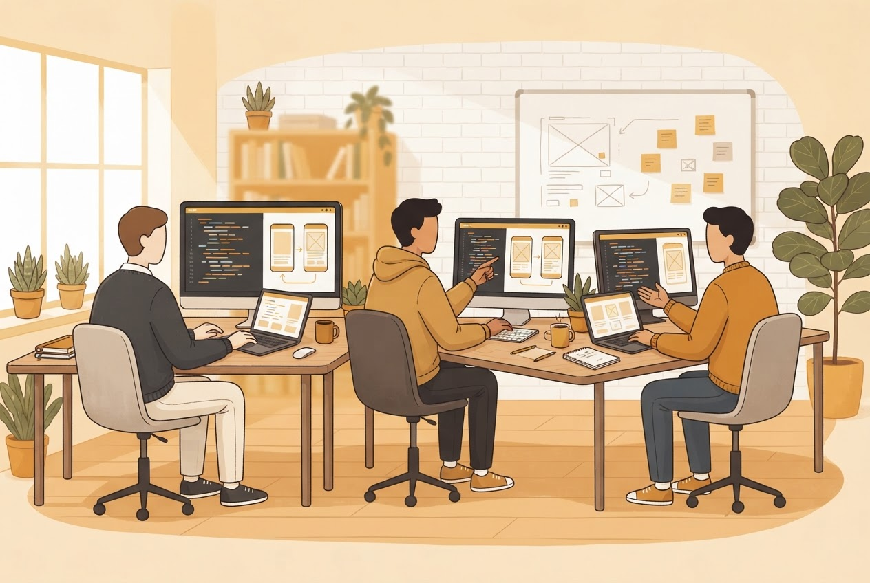 Illustration of a small collaborative software development team working in a modern studio