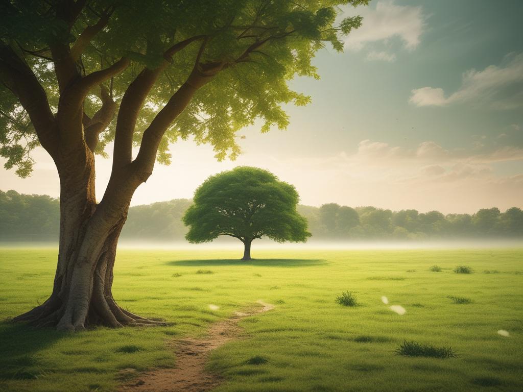 A serene and peaceful nature scene featuring a single tree
