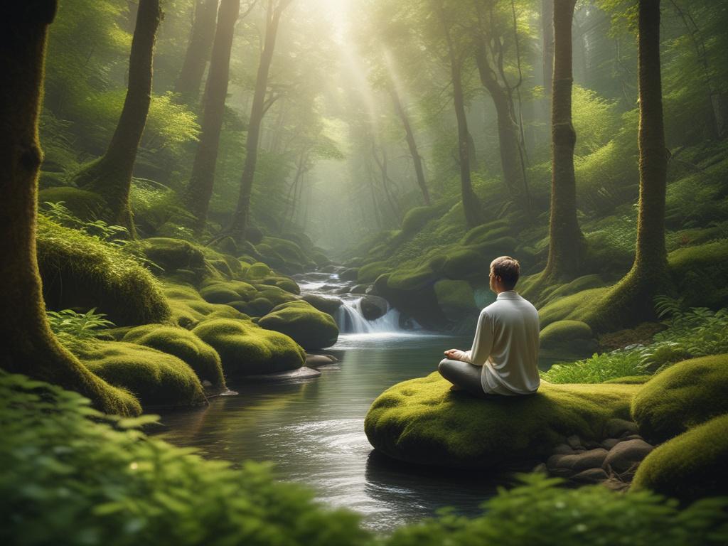 A serene landscape featuring a tranquil forest scene with soft