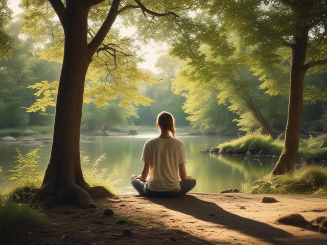 **Prompt for AI Image Generator:**

Create a realistic high-resolution photograph that embodies the theme "De kracht van natuur in jouw leven". The composition should be simple and clear, featuring a single subject: a person meditating peacefully in a lush green forest. The individual should be sitting cross-legged on a soft patch of grass, with their eyes gently closed, embodying a sense of tranquility and focus. 

Surrounding the subject, include vibrant green foliage and delicate wildflowers that enhance