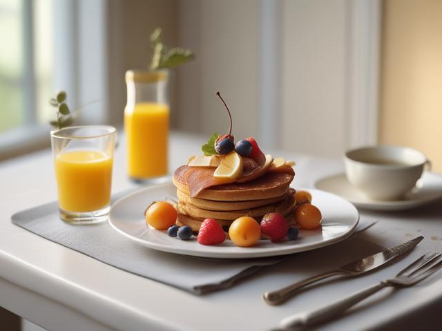 Create a realistic high-resolution photo that embodies the theme of "De ochtend als fundament voor een rustige dag." The composition should be simple and clear, focusing on a single subject: a serene breakfast scene at dawn. 

The subject of the image should be a beautifully set wooden table overlooking a soft, tranquil garden bathed in the gentle light of the early morning sun. On the table, feature a steaming cup of herbal tea, a small dish of honey, a bowl of fresh fruit, and a warm croissant, all arrang