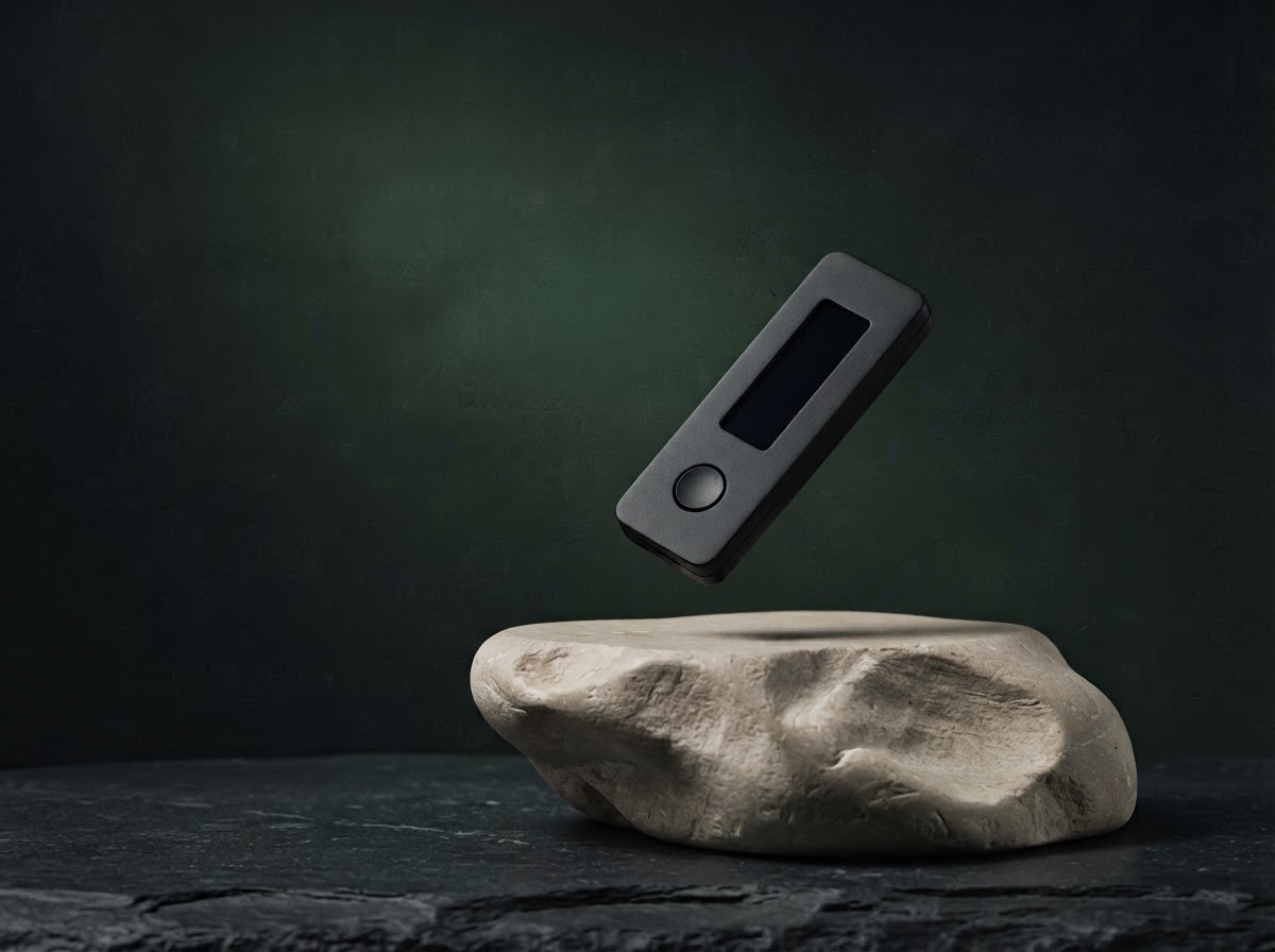 A black hardware wallet device displayed in a softly lit studio
