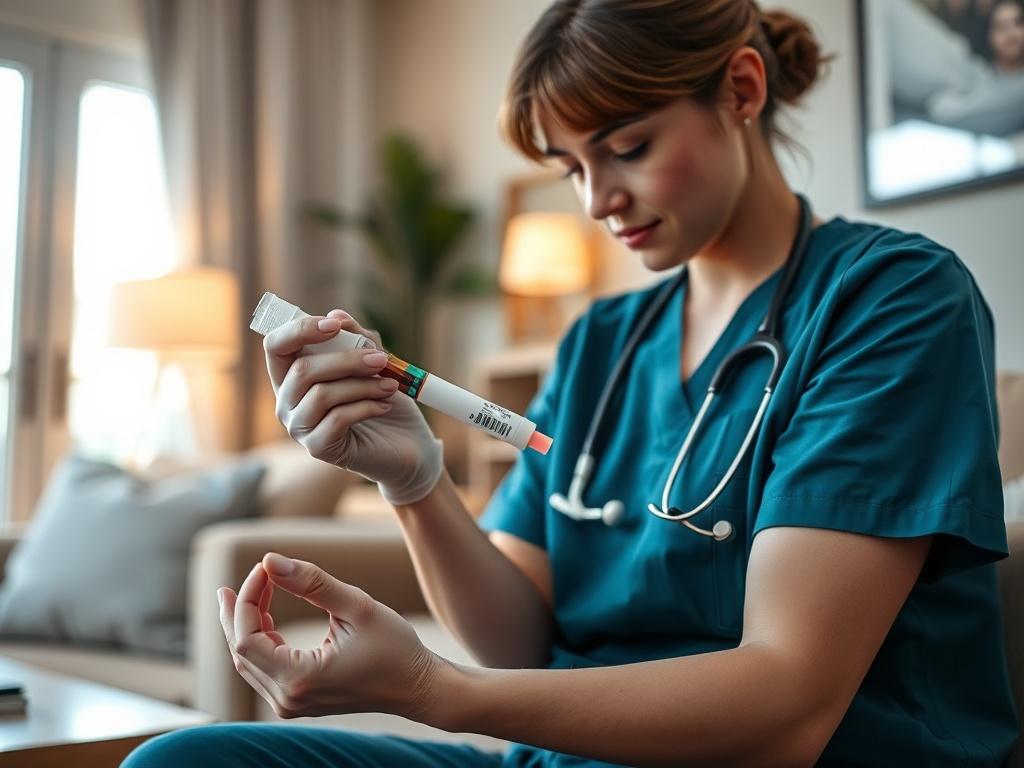 A close up shot of a healthcare professional in scrubs,