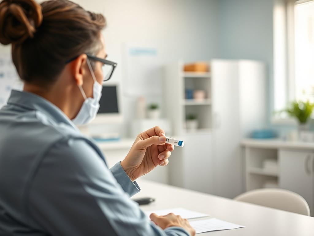 A healthcare professional demonstrating a rapid testing kit with positive