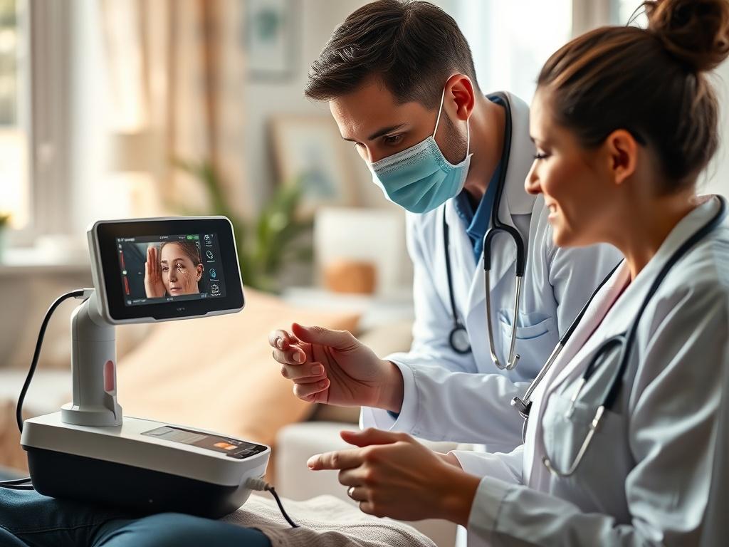 A healthcare technician using a portable medical device to conduct