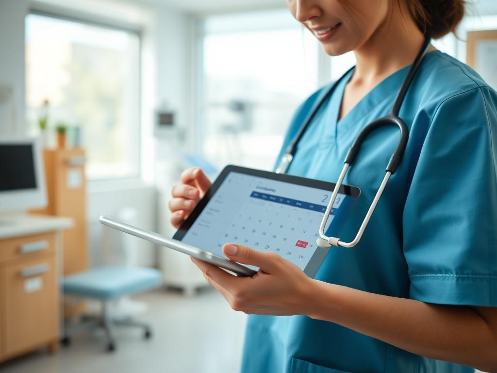 A close up shot of a nurse scheduling an appointment