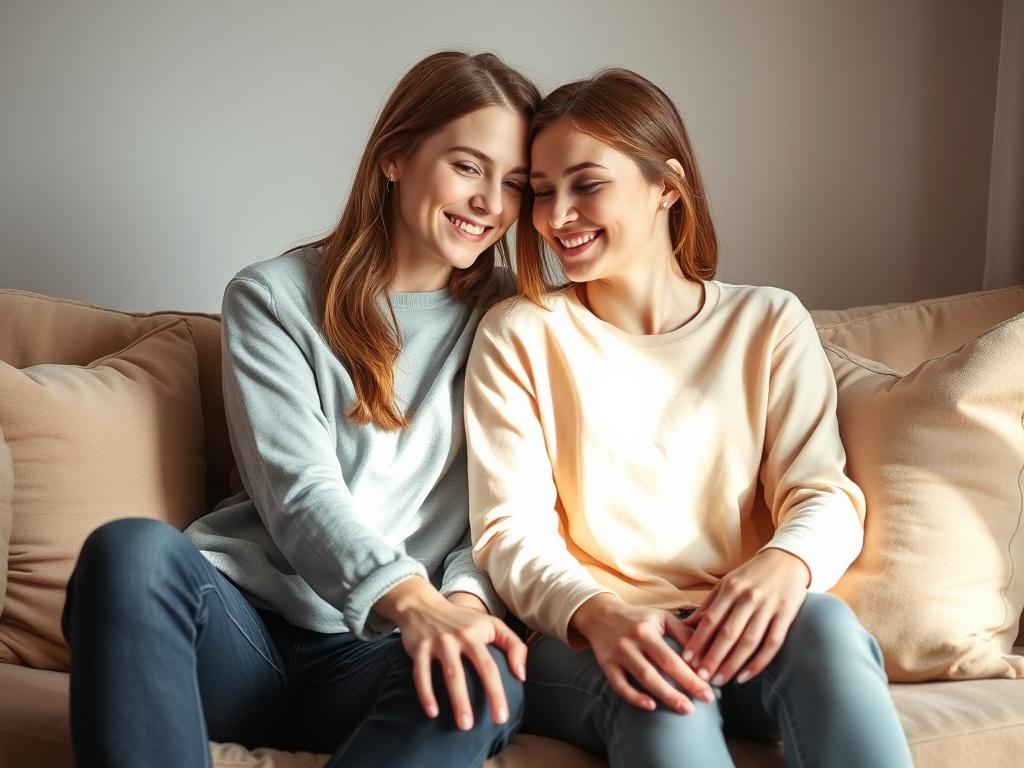 A young lesbian couple sitting together on a cozy couch, radiating warmth and affection. They are smiling and leaning towards each other, showcasing a strong bond. The background features soft, gentle lighting, creating a peaceful atmosphere. The couch is styled in soft tones, complementing the rgb(4, 104, 120) primary color, with cushions that add a touch of comfort. The overall composition should feel inviting and harmonious, capturing a moment of genuine connection.