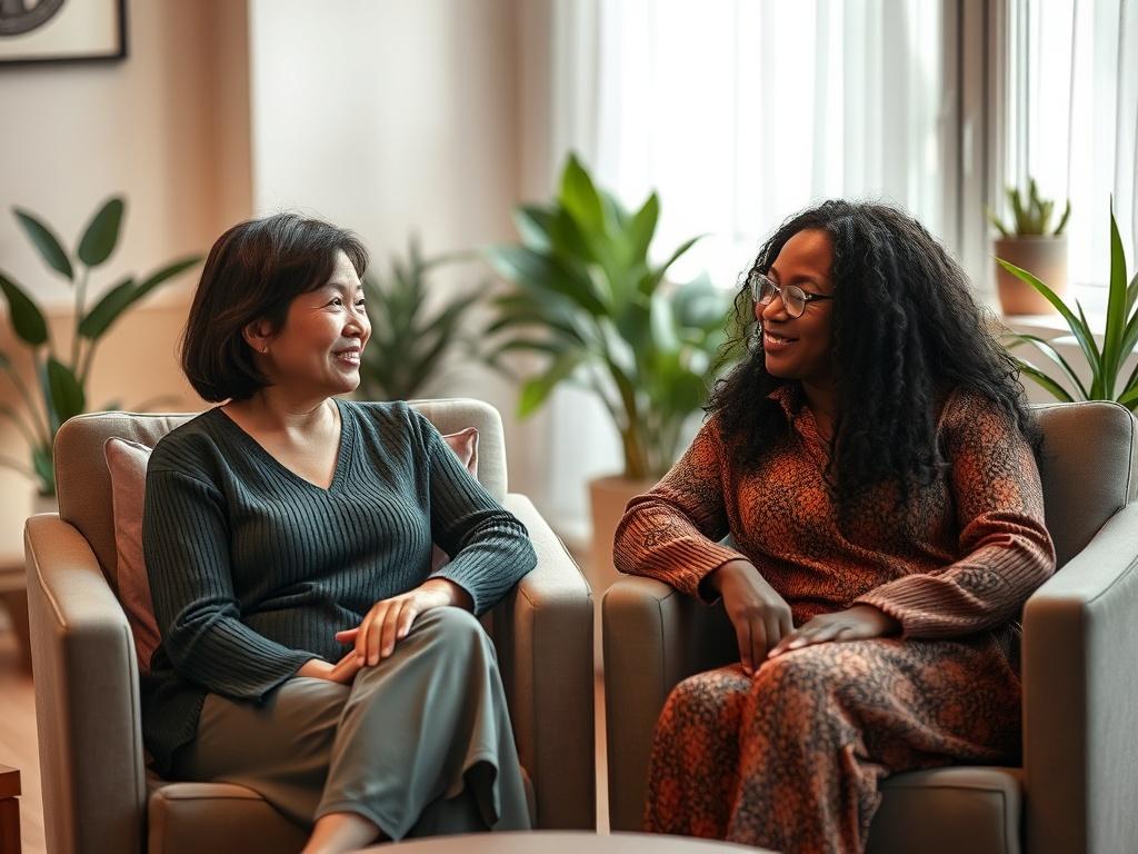 A Chinese woman and a Black woman sitting in comfortable chairs, engaged in a deep and meaningful conversation. The setting is warm and inviting, with soft lighting creating a peaceful atmosphere. The background features a serene indoor space, adorned with plants and gentle decor that enhances the sense of tranquility. The women are smiling and sharing ideas, showcasing a strong sense of connection and empowerment.