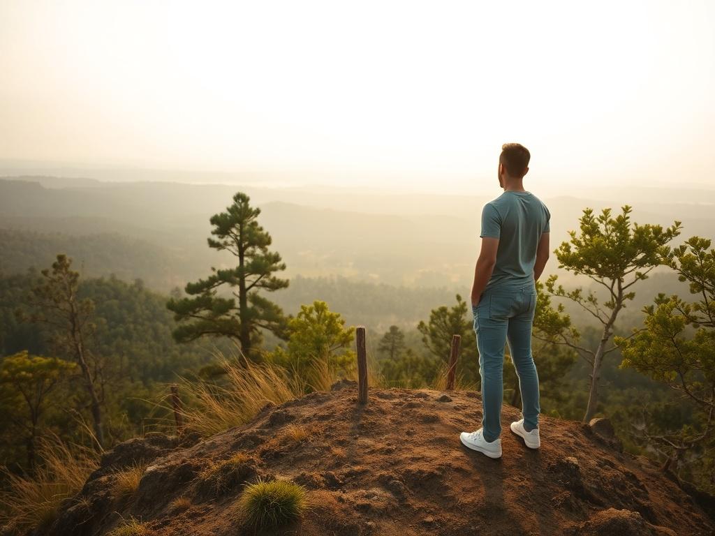 A serene and peaceful setting featuring a confident individual standing