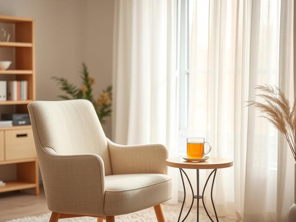 A serene and inviting office space with soft tones and gentle lighting. A comfortable chair is positioned in the foreground with a small table beside it, holding a cup of herbal tea. The background shows a window with soft curtains allowing warm, natural light to filter in. The atmosphere feels peaceful and welcoming, encouraging open conversation and personal growth.