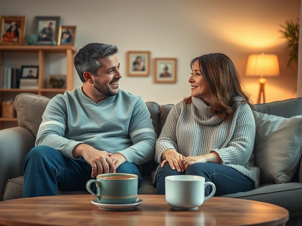 A couple sitting together on a cozy couch, engaged in