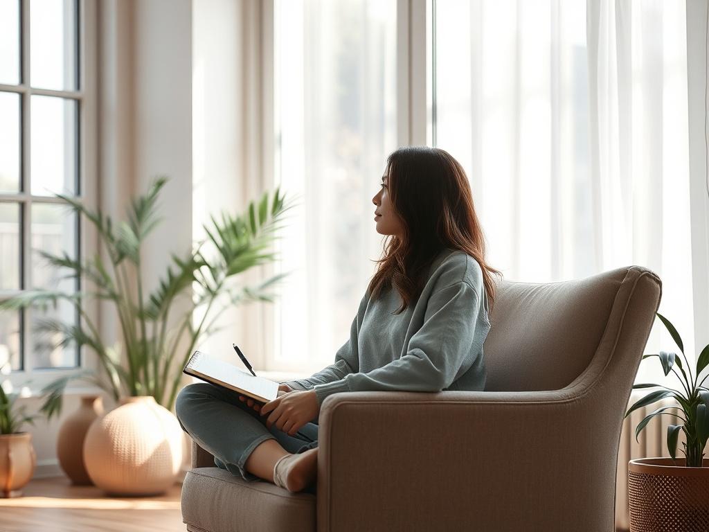 A serene and peaceful setting featuring a person sitting on