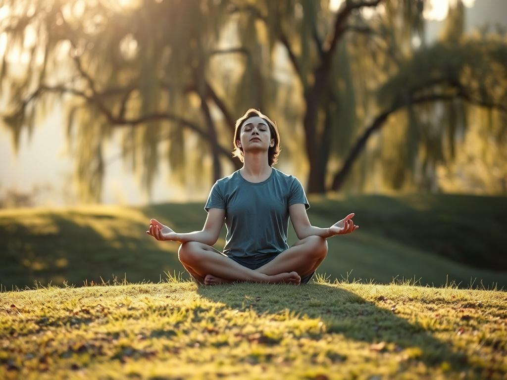 A serene setting with a person sitting cross legged on