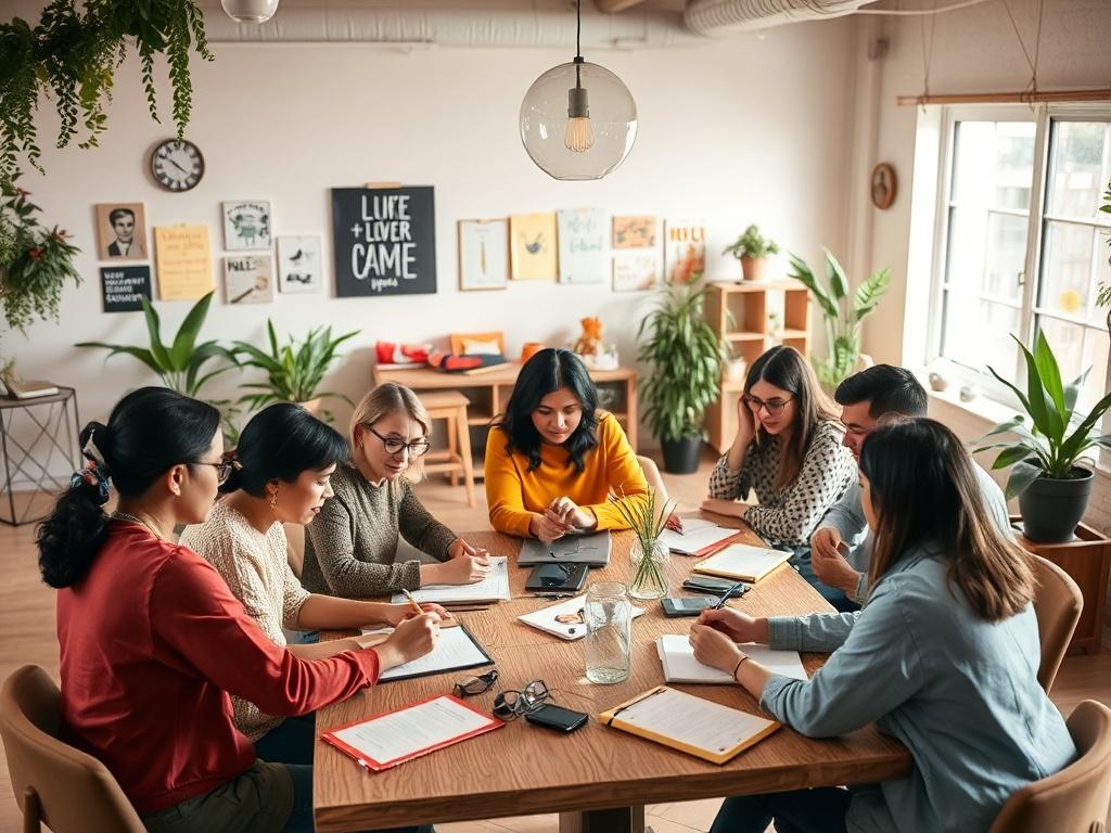 A vibrant workshop setting with a diverse group of individuals