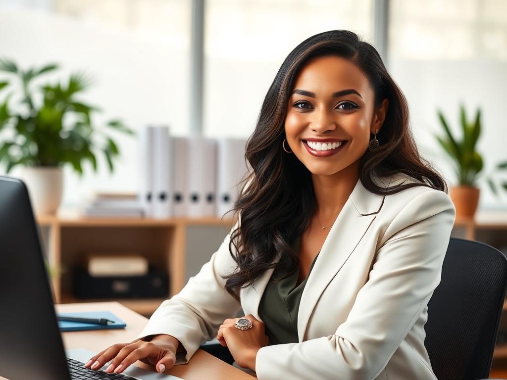 A Latina woman sitting confidently at her desk in a modern office space. She is wearing professional attire, smiling, and looking relaxed yet focused. The background features soft lighting with greenery and personal touches that create a peaceful atmosphere. The composition emphasizes her as the central subject, showcasing her strength and professionalism.