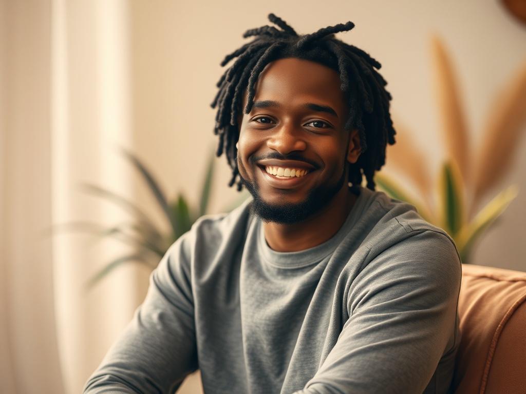 A portrait of a Black man with locs, smiling confidently. He is seated in a serene, softly lit environment that conveys a peaceful atmosphere. The background features gentle, natural elements, such as plants or warm colors that complement the primary color rgb(4, 104, 120). The focus is on his expression, showcasing warmth and positivity, emphasizing the sense of empowerment and transformation.