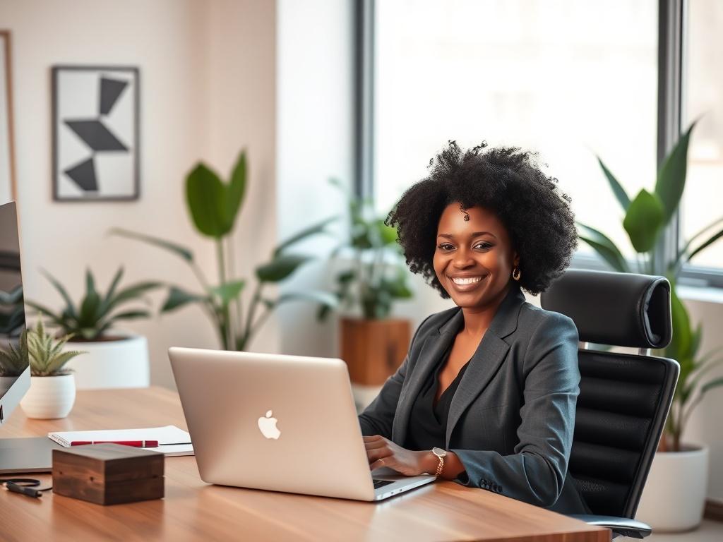 A realistic high-resolution photo of a confident Black woman with an Afro hairstyle, sitting at a modern office desk. She is dressed in professional attire, smiling and engaging with a laptop, surrounded by soft lighting and a peaceful atmosphere. The background features a minimalist office space with plants and neutral colors, creating a calming environment. The image should reflect empowerment and professionalism.