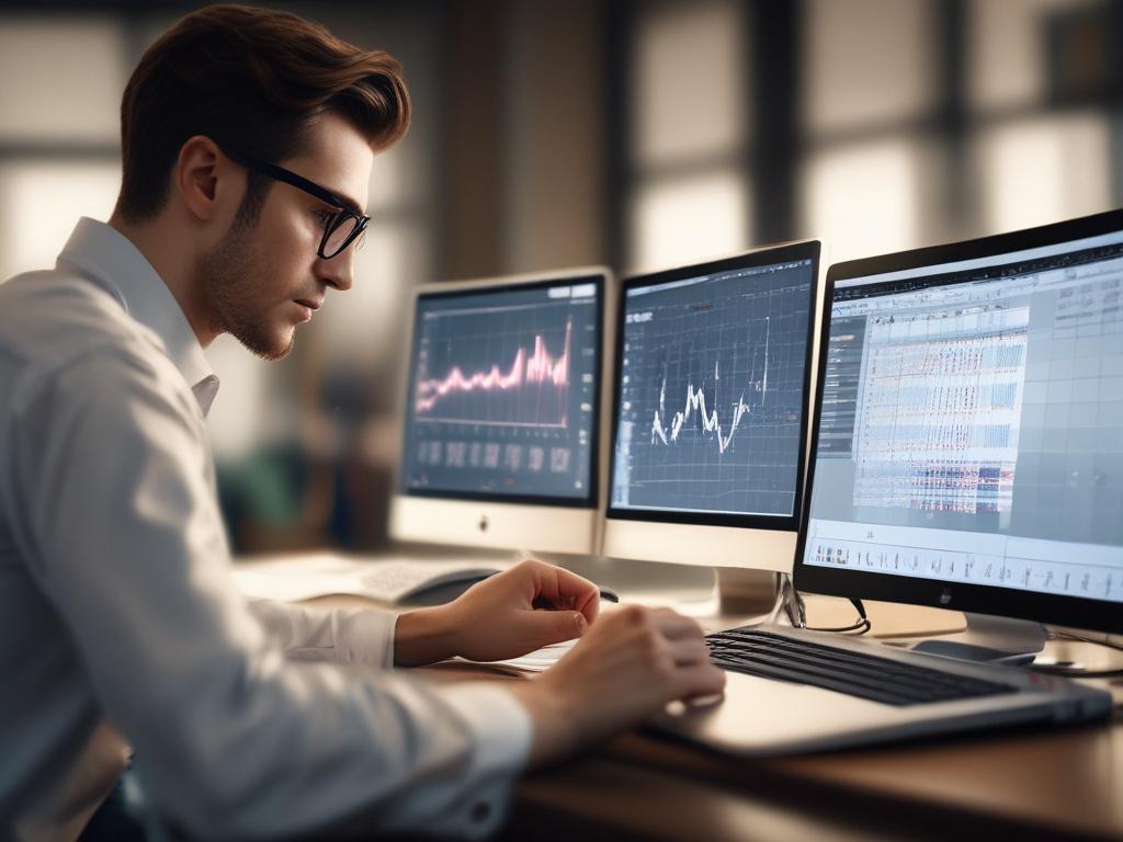 A modern office setting showcasing a person analyzing data on a laptop, surrounded by charts and graphs on a clean desk, hyper-realistic close-up shot with a blurred background.