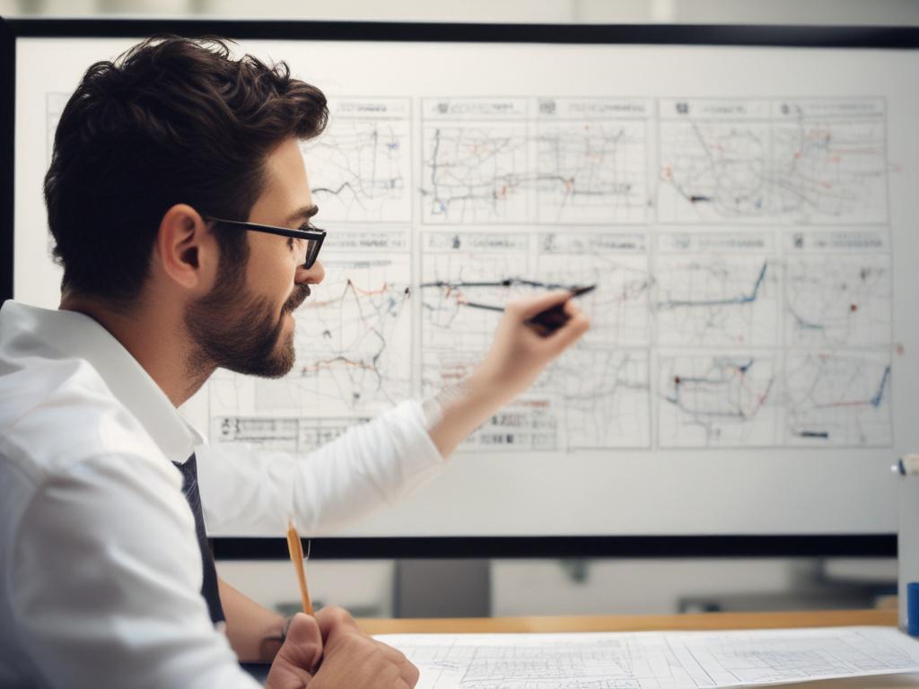 A detailed customer journey map displayed on a whiteboard, with a consultant explaining the process to a team, hyper-realistic close-up shot with a focused background.