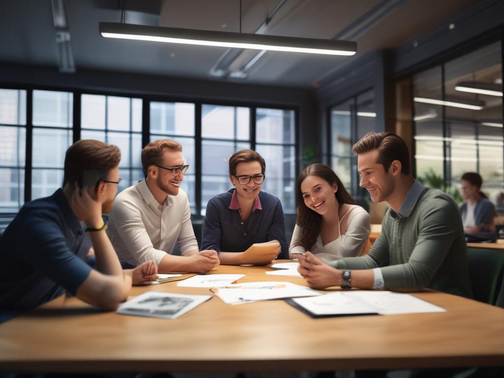 A vibrant office space with employees happily collaborating at a round table, focus on one person presenting ideas with a digital tablet, hyper-realistic close-up shot with a lively background.