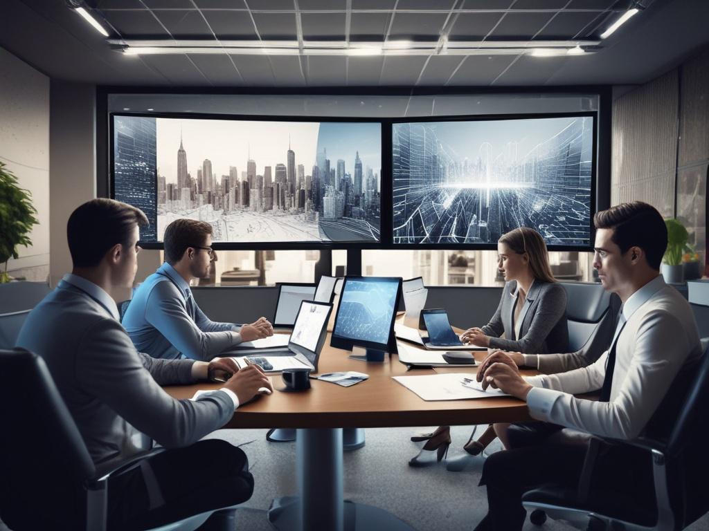 high-resolution image of a professional business meeting, showcasing analytics and data visualization on screens, with modern office background, natural lighting, focus on charts and graphs, emphasizing collaboration and strategy development, photorealistic details, sharp textures, dynamic range